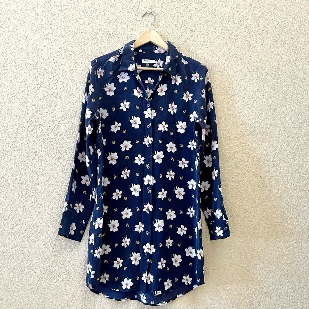 Equipment Dress Button Silk Floral Long Sleeves Casual Cottagecore Blue Large - Picture 2 of 10